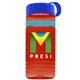 a transparent red bottle & royal blue lid & cyan band groove stripe 20 oz tritan(tm) sports bottle with tethered lid and digital imprint