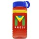 a transparent red bottle & royal blue lid & yellow band groove stripe 20 oz tritan(tm) sports bottle with tethered lid and digital imprint