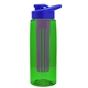 a transparent green bottle & royal blue lid & violet infuser the flair - 26 oz transparent tritan(tm) bottle with drink thru lid and large infuser