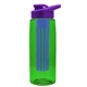 a transparent green bottle & violet lid & blue infuser the flair - 26 oz transparent tritan(tm) bottle with drink thru lid and large infuser