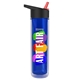 a black with red spout lid & transparent blue bottle the chiller - 16 oz double wall insulated bottle with flip straw lid and digital imprint