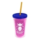 a translucent pink bottle & translucent blue lid & translucent orange straw 16 oz double - wall insulated transparent tumbler