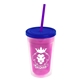 a translucent pink bottle & translucent blue lid & translucent violet straw 16 oz double - wall insulated transparent tumbler