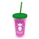a translucent pink bottle & translucent green lid & translucent green straw 16 oz double - wall insulated transparent tumbler