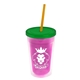 a translucent pink bottle & translucent green lid & translucent orange straw 16 oz double - wall insulated transparent tumbler