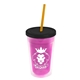 a translucent pink bottle & black lid & translucent orange straw 16 oz double - wall insulated transparent tumbler
