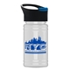 aerial view a black with blue flip tab lid & eco white bottle upcycle - mini 16 oz rpet sports bottle with pop - up sip lid, image 1 of 2