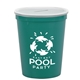 aerial view a translucent frost lid & teal cup 16 oz stadium cup coin bank, image 1 of 2
