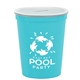 aerial view a translucent frost lid & bright blue cup 16 oz stadium cup coin bank, image 1 of 2
