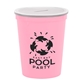 aerial view a translucent frost lid & awareness pink cup 16 oz stadium cup coin bank, image 1 of 2