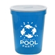 aerial view a translucent frost lid & translucent blue cup 16 oz stadium cup coin bank, image 1 of 2