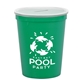 aerial view a translucent frost lid & turquoise cup 16 oz stadium cup coin bank, image 1 of 2