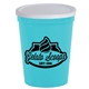 aerial view a white lid & bright blue cup 16 oz stadium cup with no - hole cover, image 1 of 2