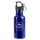 aerial view a blue 17 oz stainless steel adventure water bottle with carabiner, image 1 of 2