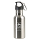 aerial view a silver 17 oz stainless steel adventure water bottle with carabiner, image 1 of 2