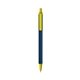 a metallic dark blue barrel & yellow trim bic clic pen