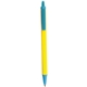 aerial view a yellow barrel & blue trim bic clic pen, image 1 of 2