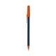 a metallic dark blue barrel & orange trim bic round stic ballpoint pen - promotional pens