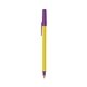 aerial view a yellow barrel & purple trim bic round stic ballpoint pen - promotional pens, image 1 of 2
