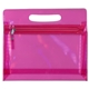 aerial view a pink translucent airline pouch cosmetic case with handle and zipper closure, image 1 of 2