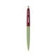 a metallic green barrel & burgundy cap clic pen - blue and black ink