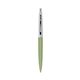 a metallic green barrel & metallic silver cap clic pen - blue and black ink