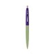 a metallic green barrel & purple cap clic pen - blue and black ink