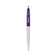 a metallic silver barrel & purple cap clic pen - blue and black ink