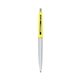 a metallic silver barrel & yellow cap clic pen - blue and black ink