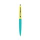 a teal barrel & yellow cap clic pen - blue and black ink