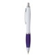 a white/blue w/blue ink plastic white pen with sleek grip