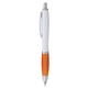 aerial view a white/orange w/black ink plastic white pen with sleek grip, image 1 of 6