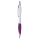 aerial view a white/purple w/black ink plastic white pen with sleek grip, image 1 of 6