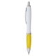 aerial view a white/yellow w/black ink plastic white pen with sleek grip, image 1 of 2