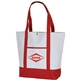 aerial view a white with red trim deluxe pocket fashion tote, image 1 of 2