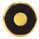 aerial view a brass-plated trim & black leather zinc leather round brass coaster weight coasters with multiple color choices, image 1 of 3