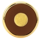 aerial view a brass-plated trim & brown leather zinc leather round brass coaster weight coasters with multiple color choices, image 1 of 2
