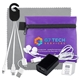 a purple techtime plus mobile tech charging kit with earbuds, charging cable and charger in zipper pack components inserted into polyester zipper kit