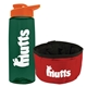 a t dark green bottle & orange lid & red bowl the parched pup - 26 oz transparent tritan(tm) bottle folding dog bowl