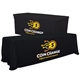 a black serged convertible table throw