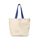 aerial view a natural with blue handles recycled canvas tote bag, image 1 of 2