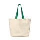 aerial view a natural with green handles recycled canvas tote bag, image 1 of 2
