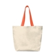 aerial view a natural with orange handles recycled canvas tote bag, image 1 of 2