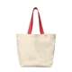 aerial view a natural with red handles recycled canvas tote bag, image 1 of 2