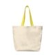 aerial view a natural with yellow handles recycled canvas tote bag, image 1 of 2