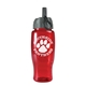 aerial view a transparent red bottle & gray/black spout lid poly - pure - 27 oz transparent bottle with ring straw lid, image 1 of 2