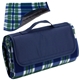aerial view a navy/green plaid barrel fleece picnic blanket, image 1 of 2