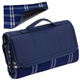 aerial view a navy/navy plaid barrel fleece picnic blanket, image 1 of 2