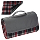 aerial view a gray/red plaid barrel fleece picnic blanket, image 1 of 2