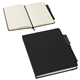 aerial view a black quorum soft touch journal with matching color gel pen, image 1 of 3